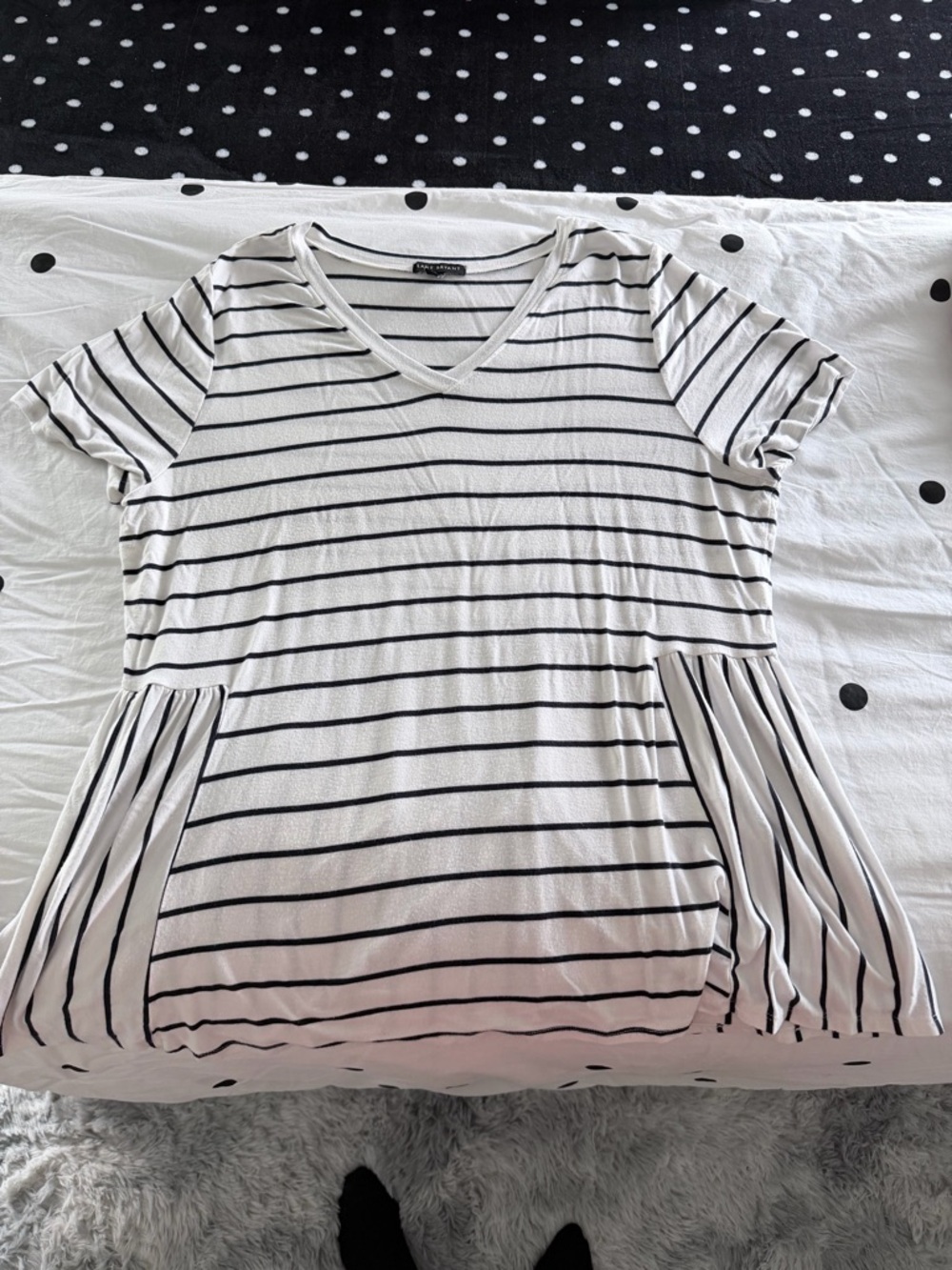 Lane Bryant White V-Neck Tunic with Black Stripes
